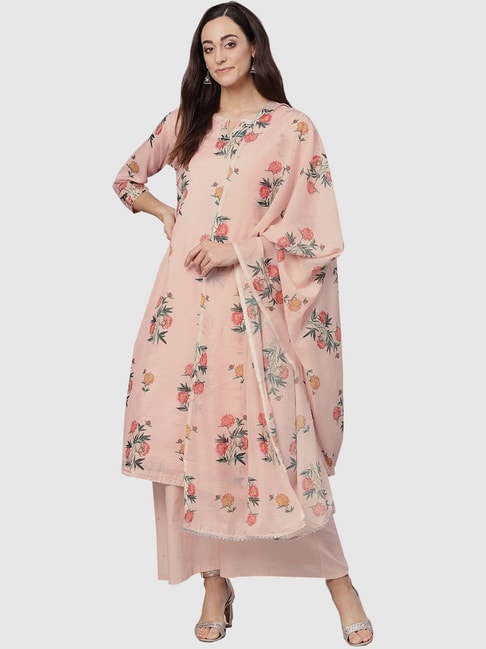 Ishin Pink Cotton Floral Print Kurti Palazzo Set Price in India