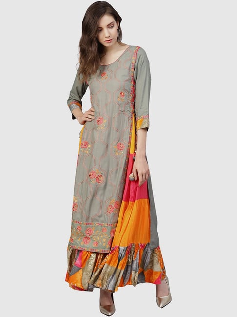 Ishin Grey Embroidered Anarkali Double Layered Kurti Price in India