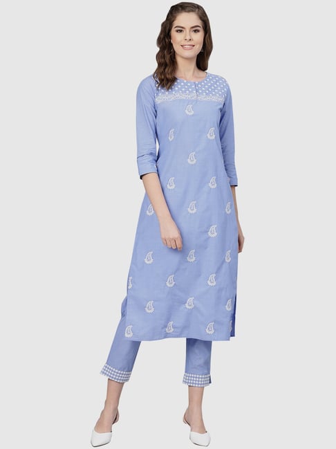 Ishin Blue Cotton Embroidered Kurti Pant Set Price in India