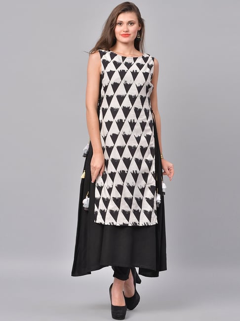 La Firangi White & Black Cotton Printed Straight Kurti