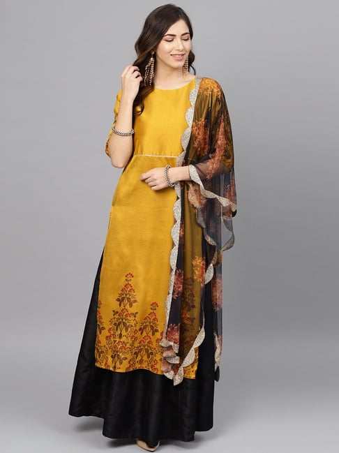 Buy Ahalyaa Mustard Black Floral Print Kurti Skirt Set With