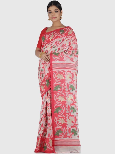 Red and White Handloom Soft Handwoven Cotton Jamdani Saree, Dhakai Saree,  जामदानी साड़ी - Balaram Saha, Kolkata | ID: 2852900247897