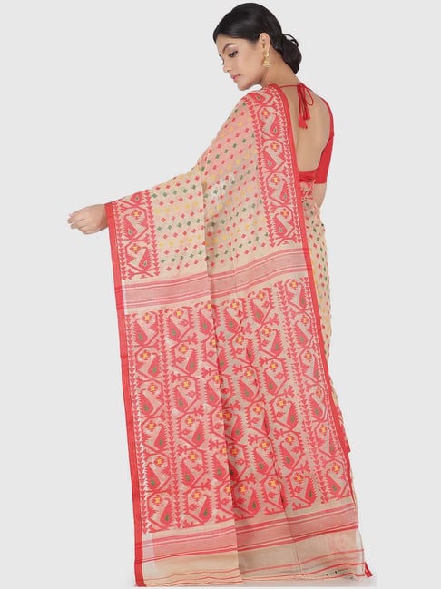 Woven Cotton Silk Soft Minakari Dhakai Jamdani Saree. (White, Red - Aishani  collection