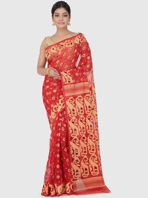 Red Golden Dhakai Jamdani Sarees – Dailybuyys