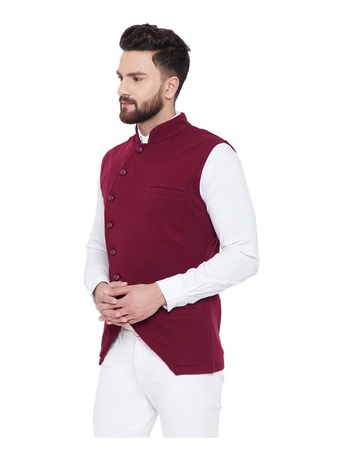 Buy Hypernation Maroon Cotton Slim Fit Waistcoat for Mens Online