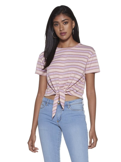 Nuon by Westside Pink Stripe Print Erica Crop T-Shirt Price in India