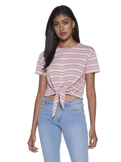 Nuon by Westside Pink Stripe Print Erica Crop T-Shirt