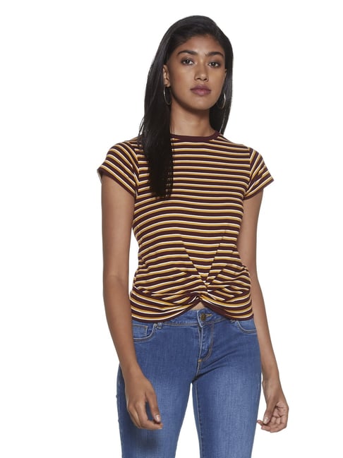 Nuon by Westside Mustard Striped Twister Crop T-Shirt