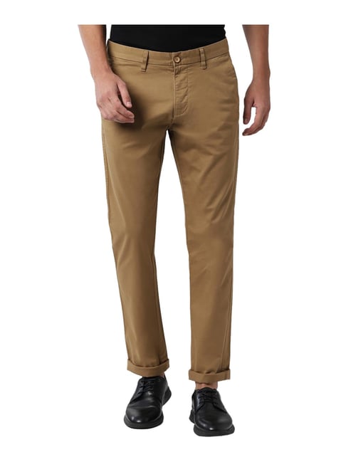 Buy Peter England Men Cream Solid Slim Fit Casual Trousers online