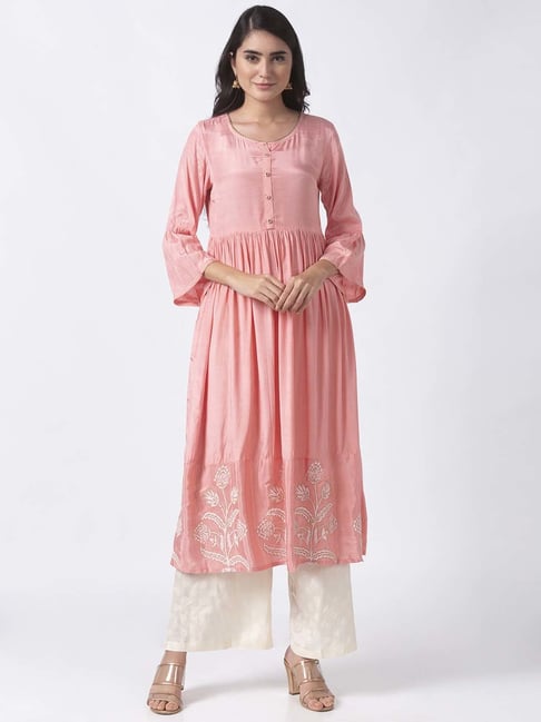 Ethnicity Pink & White Printed Kurti Palazzo Set