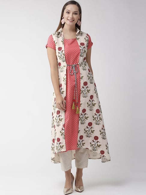 Rangmayee Pink Cotton Printed A Line Double Layered Kurti