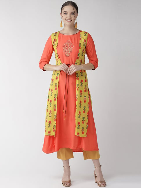 Rangmayee Coral Floral Print A Line Double Layered Kurti