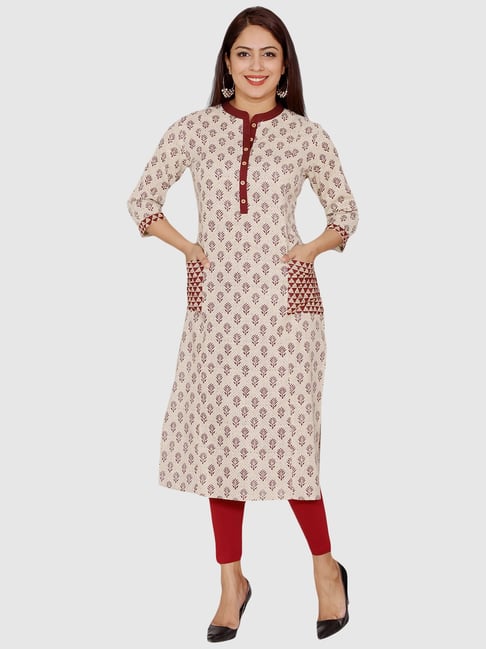 Suti Beige & Maroon Cotton Printed Straight Kurti