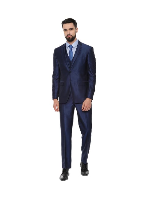 Louis Philippe Blue Slim Fit Texture Three Piece Suits