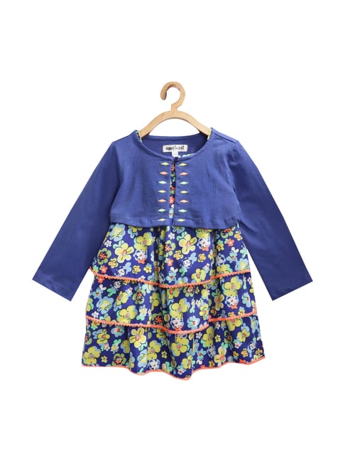 Nauti Nati Kids Blue & Yellow Cotton Floral Print Casual Dress With Shrug