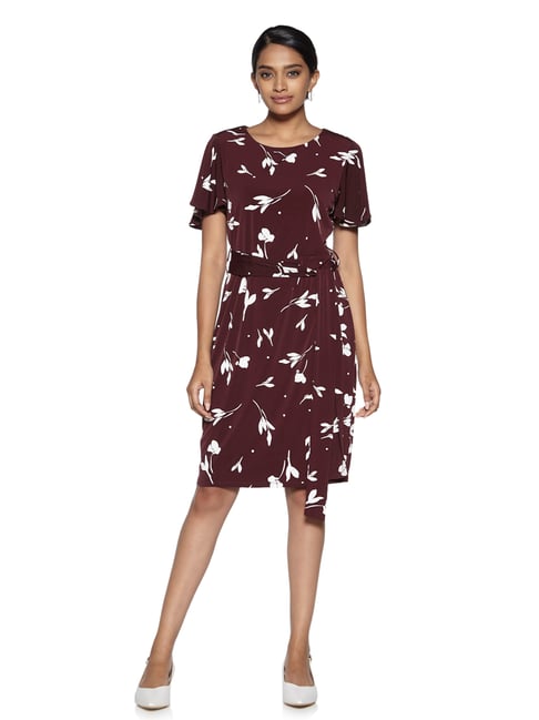 Wardrobe by Westside Wine Floral Print Lincy Dress With Belt