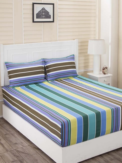 Inhouse Donatella Isabella Blue Print 210TC Cotton Double Bed Sheet With 2 Pillow Covers by maspar