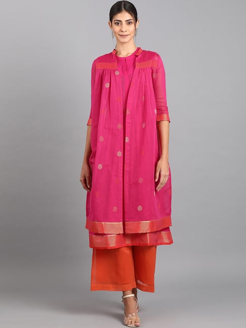 W Pink & Orange Solid Kurti Palazzo Set With Jacket