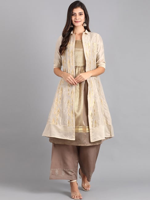 W Golden & Brown Solid Kurti Palazzo Set With Jacket