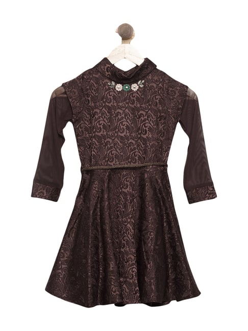 Tiny Girl Kids Coffee Brown Textured Party Dress