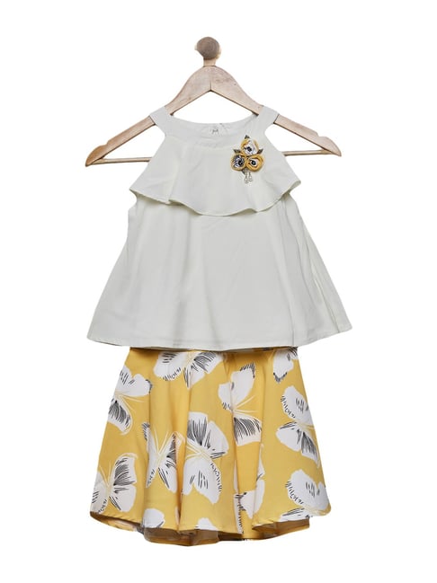 Tiny Girl Kids Lemon Yellow & White Printed Top & Skirt Set