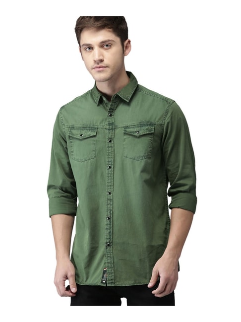 green denim shirt