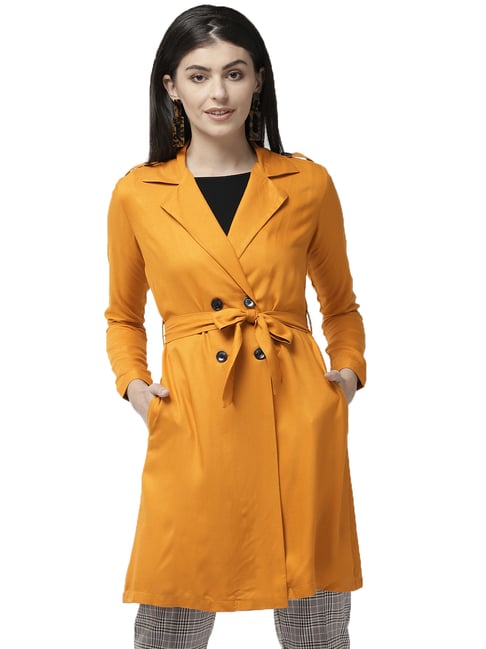 Style Quotient Women Solid Mustard Yellow viscose rayon smart casual Trench Coat-picture-30
