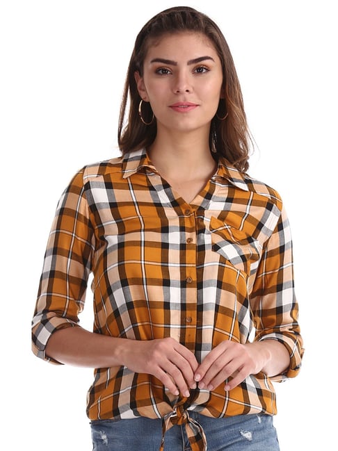 Cherokee Mustard Plaid Pattern Shirt