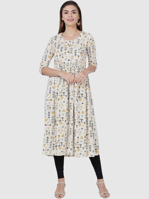 Soch Off-White Cotton Printed A Line Kurta