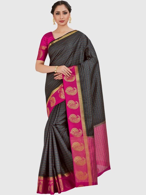 Arani-Silk An Ethereal Pearl-Cream Saree With Korvai Violet Border