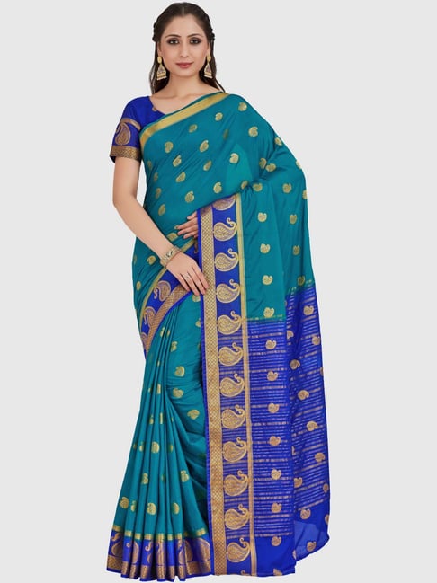 Mimosa Teal Blue Zari Work Mysore Silk Saree With Blouse Price in India