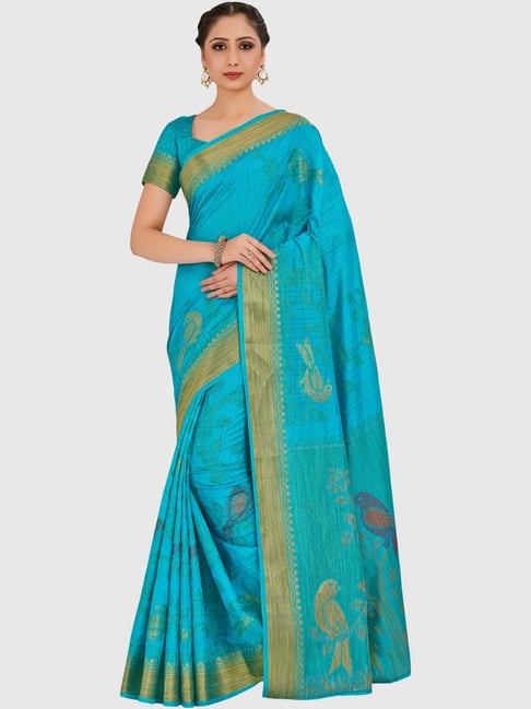 Mimosa Teal Blue Printed Kanjivaram Saree With Blouse