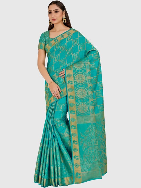 Mimosa Teal Green Printed Kanjivaram Saree With Blouse Price in India