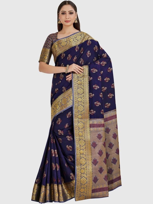 Mimosa Navy Printed Paithani Saree With Blouse Price in India