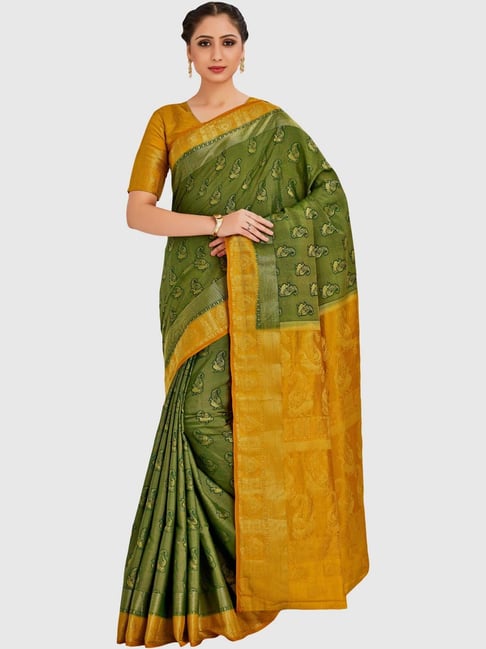 Mimosa Olive Green Printed Kanjivaram Saree With Blouse