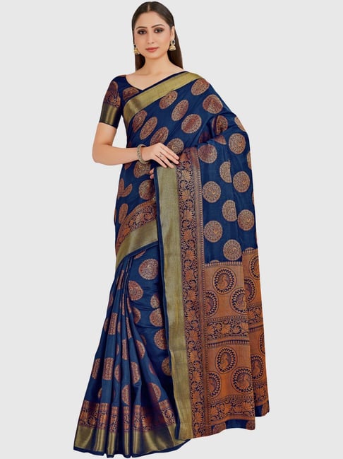 Mimosa Navy Printed Kanjivaram Saree With Blouse Piece