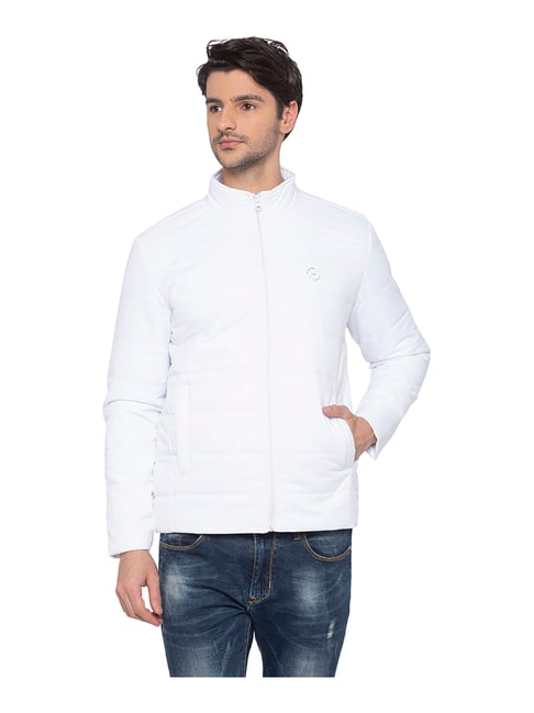 Buy Status Quo White Polyester Mock Collar Jacket for Men's Online
