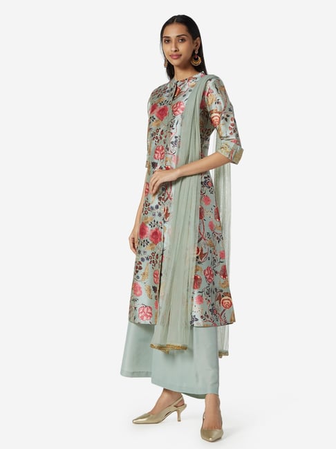 Vark by Westside Blue A-Line Kurta, Palazzos And Dupatta