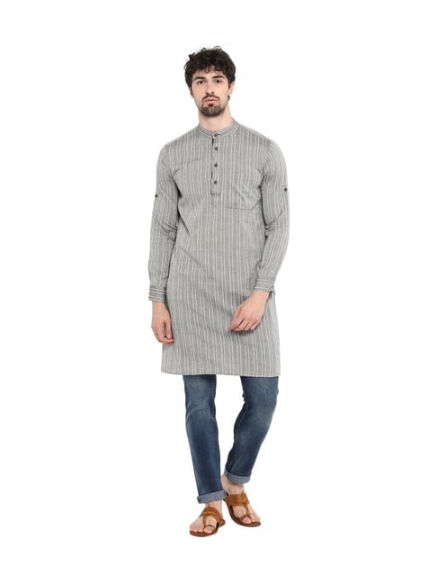 Abhiyuthan Grey Stripes Cotton Kurta