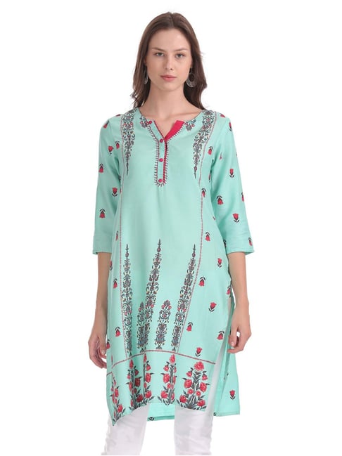 Karigari Mint Green Cotton Floral Print Straight Kurti