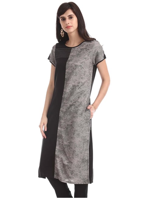 Karigari Black & Grey Printed Straight Kurta