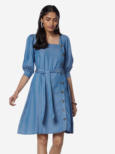 Buy LOV by Westside Blue Chambray Dean Dress With Belt for Women