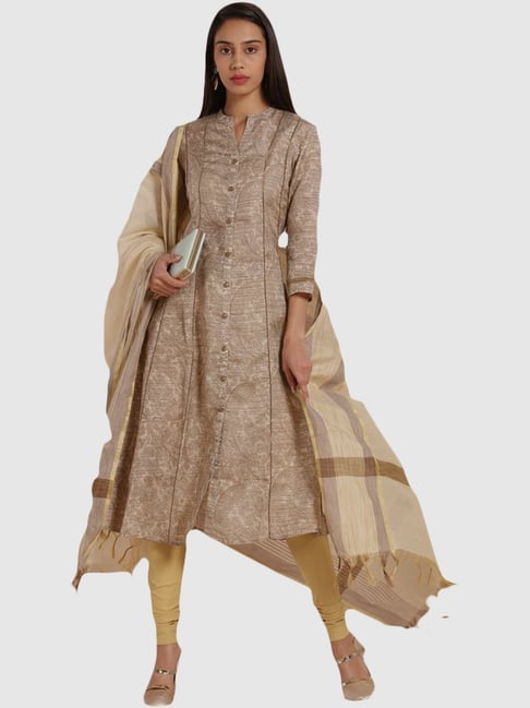 Imara Beige Printed Kurta Churidar Set With Dupatta