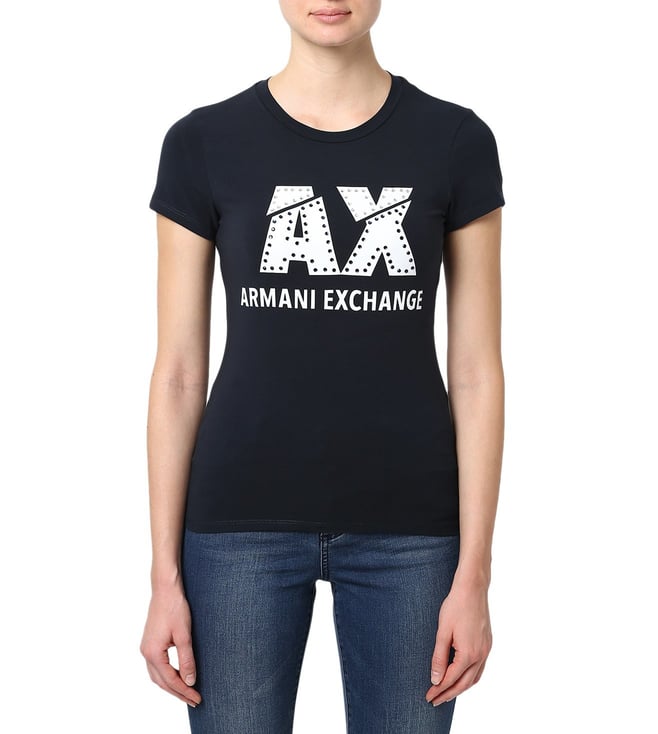 Buy Armani Exchange Navy Slim Fit Logo Studded Crew T-Shirt for Women  Online @ Tata CLiQ Luxury