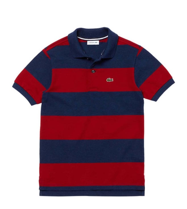 blue and red striped polo shirt