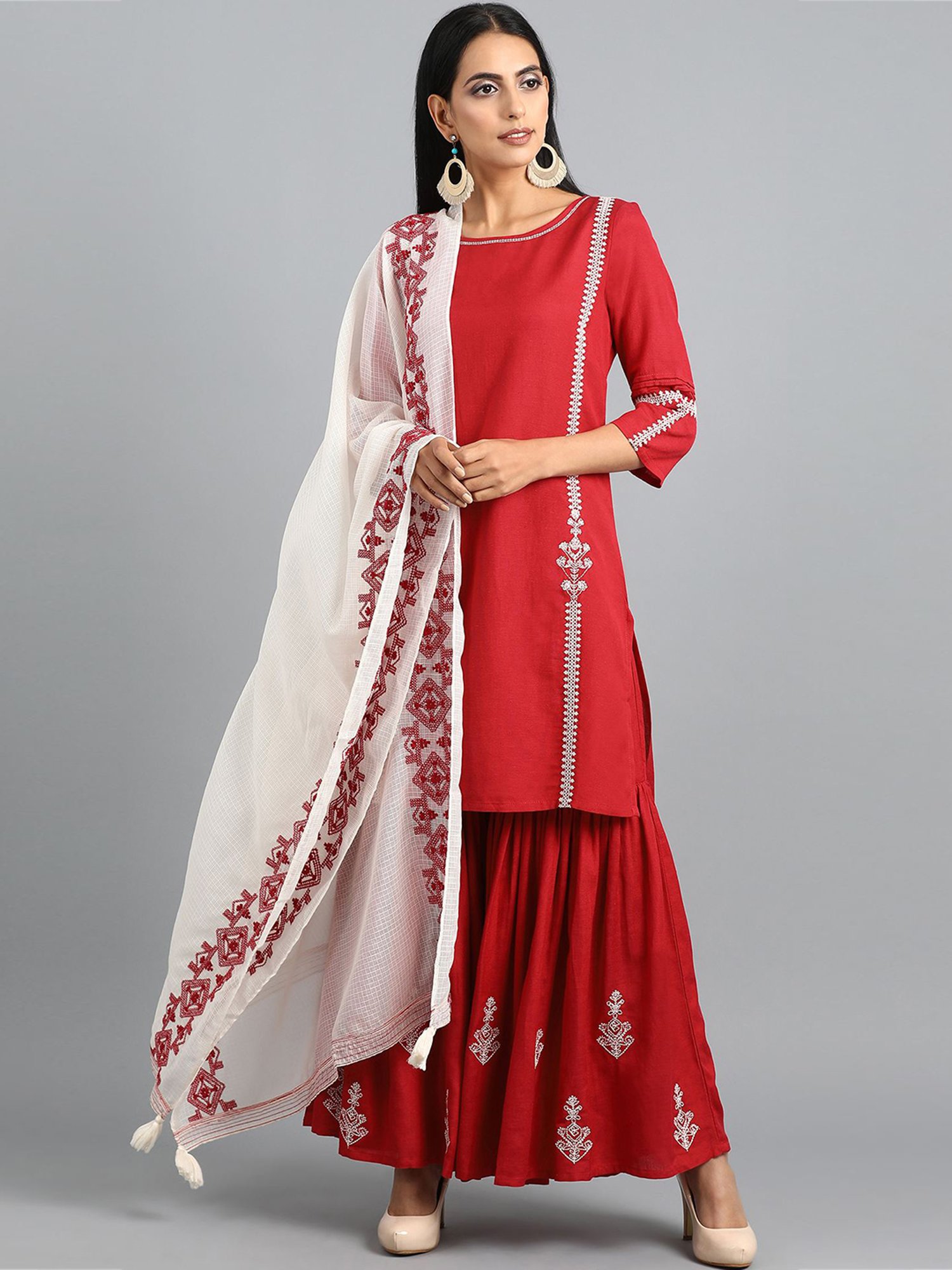 Buy W Red Embroidered Kurti Sharara Set 