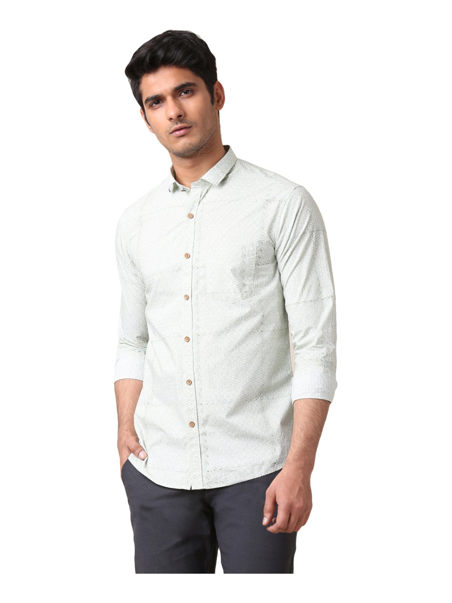 Buy True Blue Mint Green Cotton Slim Fit Printed Shirt for Mens