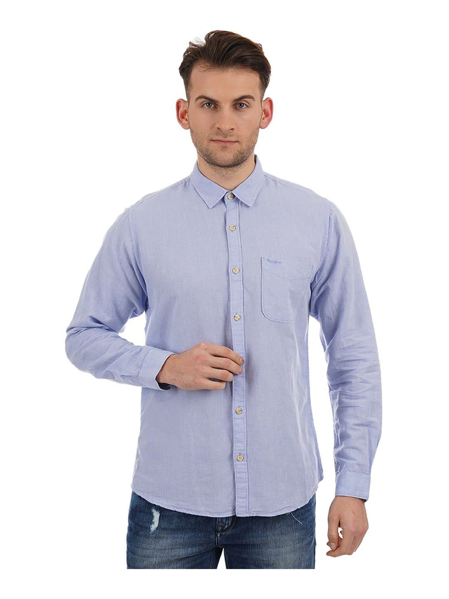 Pepe Jeans Men Solid Casual Blue Shirt