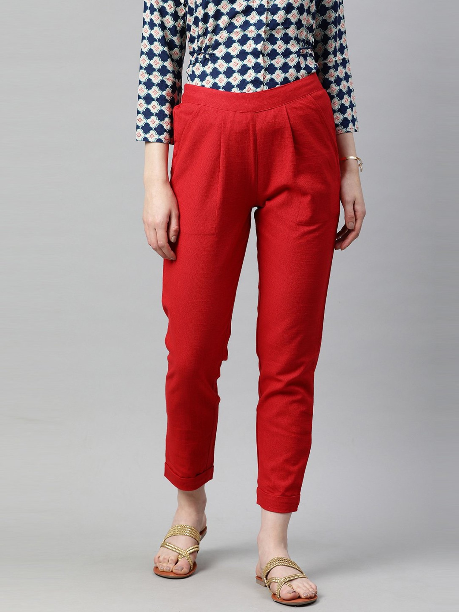 Buy JUNIPER Red Women's Red Cotton Solid Straight Pants With Side Pocket |  Shoppers Stop