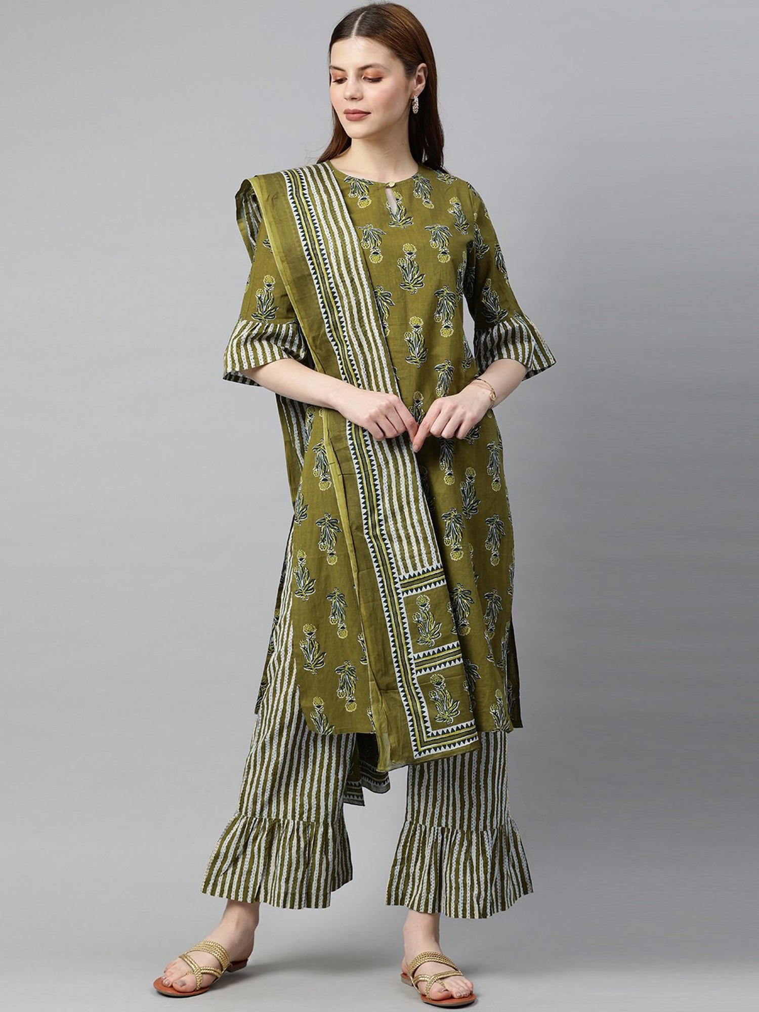 Olive Green High Low Kurti With Pleated Palazzo Pants  ZOMO